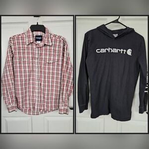Carhartt Wrangler Boy's Size 14/16 Pearl Snap Red Button Down Black Logo T-shirt